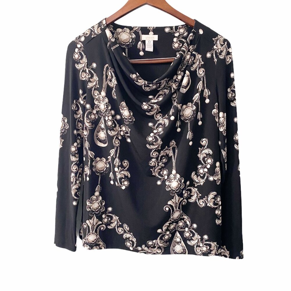 Chico's Cowl Neck Black Jewel Print Jersey Knit Shirt Womens Small Glam Elegant